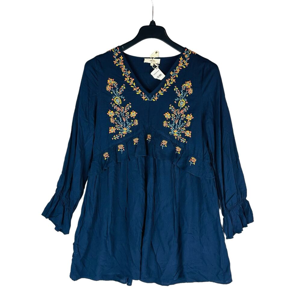 New Entro Womans Sz Medium Dress Floral Embroidered Blue Long Sleeve V Neck NWT